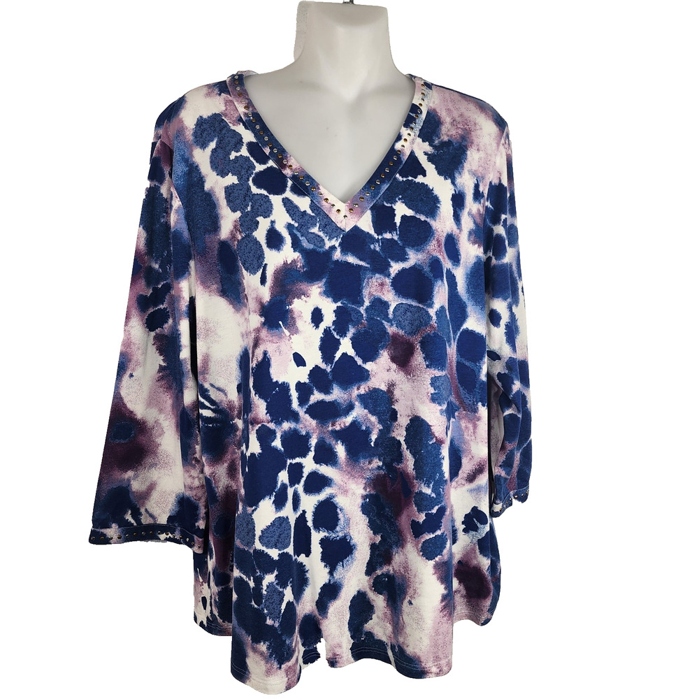 Chico's Womens Knit Top Blue Purple Geometric Studded V Neck Casual Artsy Large